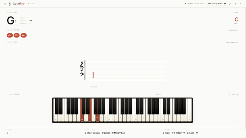 NoteShow screenshot showing the main piano interface